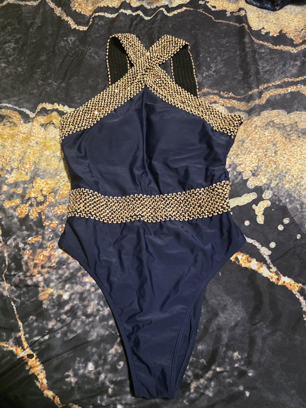 Shein Navy And Gold Bathing Suit
